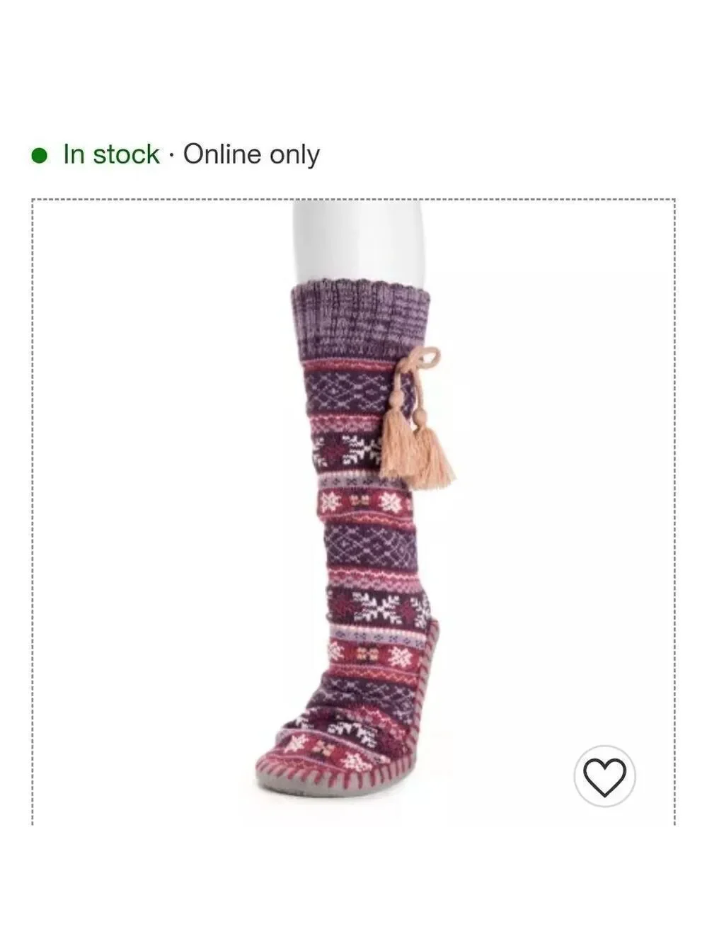 NIB Muk Luks Tassel Slipper Socks XL Berry Fair isle design with grey sole
